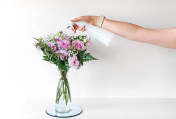 Florist Is Spraying Water On A Bouquet Of Pink Lisianthus. How Keeping Flowers Fresh. Flowers Care Concept.