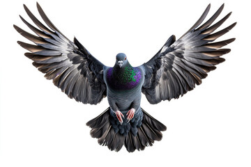 Obraz premium A black pigeon in flight with outstretched wings against a white background, front view.