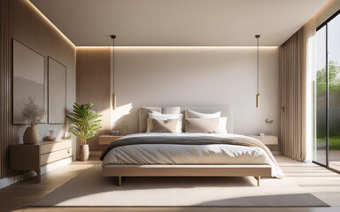 Modern Minimalist Bedroom Design with Neutral Tones and Natural Lighting Featuring Wooden Elements, Clean Lines, and a Calming, Contemporary Atmosphere.

