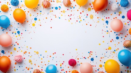 Colorful Party Background with Balloons and Confetti on White Surface