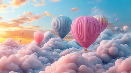 whimsical 3d illustration of pastel hot air balloons floating among fluffy clouds in a dreamy sky with a vibrant rainbow arching across the scene