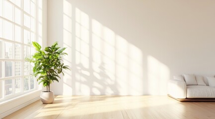 Une pièce d'habitation claire et aérée avec mur blanc, plancher en parquet bois, canapé et plante verte, lumière naturelle pénétrant dans la salle par de grandes fenêtres sur le côté.