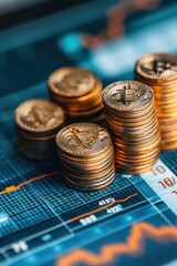 Stacks of Bitcoin Coins on Financial Chart Displaying Market Trends and Cryptocurrency Data