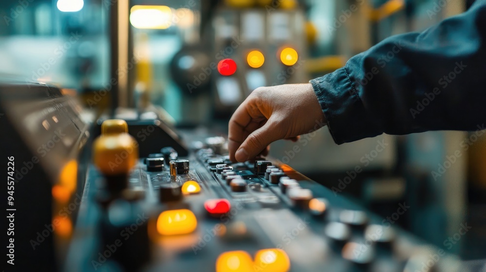 Poster worker adjusting settings on a production machine control panel