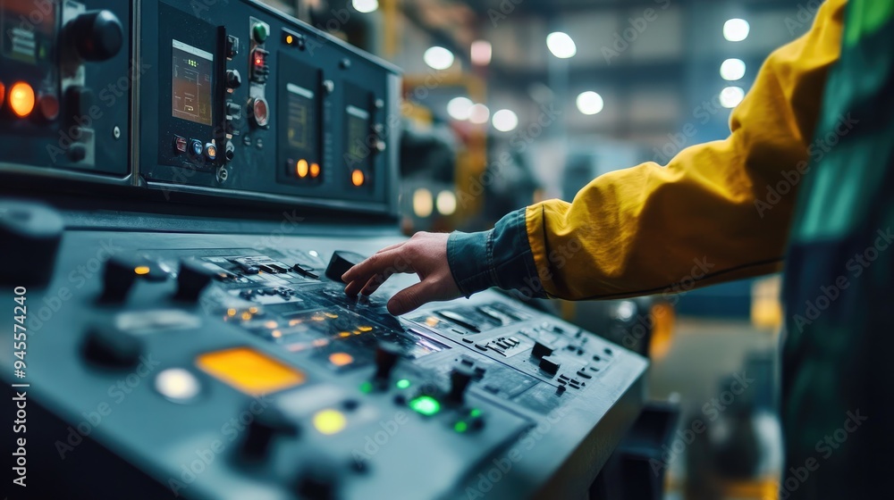 Poster worker adjusting settings on a production machine control panel