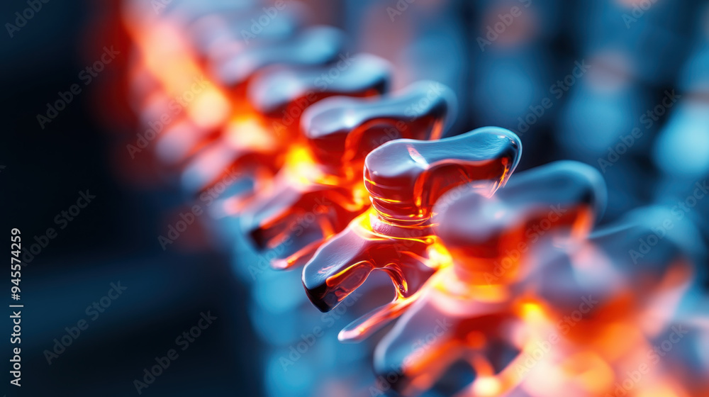 Poster abstract close-up view of illuminated glass spine model showcasing vertebrae with a glowing red and 