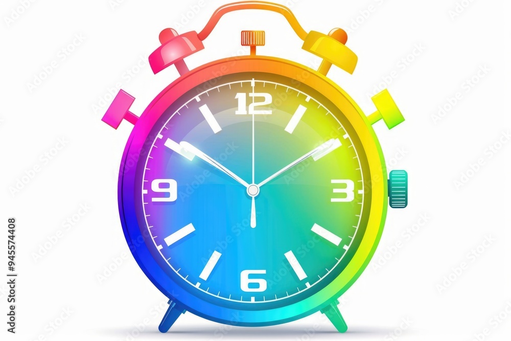 Poster a colorful clock with a rainbow face on a white background