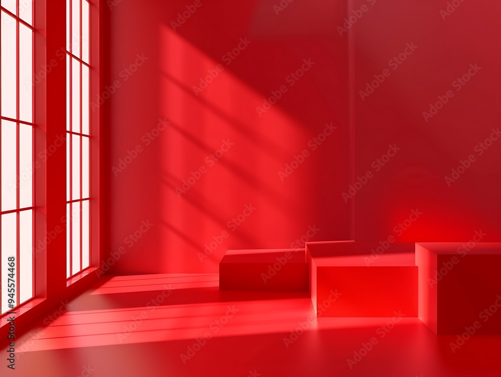 Poster red room with window and light from the window.