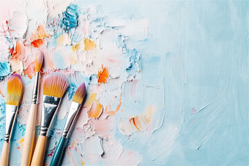 Fototapeta premium Group of paint brushes are laying on a canvas covered in colorful oil paint, showing the creative process of an artist. Copy space