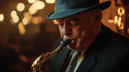 a man playing the saxophone, a gray-haired old man wearing a fedora hat and a black suit, closing his eyes while playing a beautiful melody, Ai generated Images