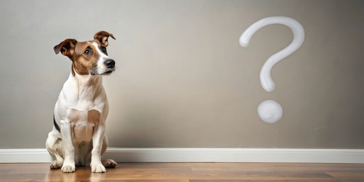Thoughtful dog sitting indoors with question mark thought bubble, dog, pet, thoughtful, question, curiosity, thinking