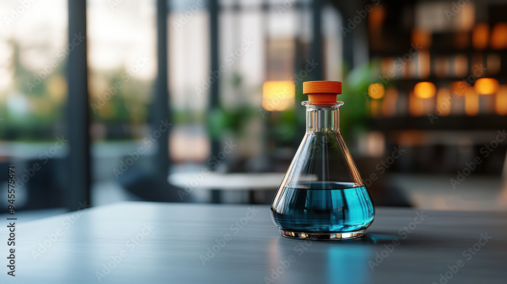 Poster a close-up of a laboratory flask filled with blue liquid, placed on a modern table in a bright room.
