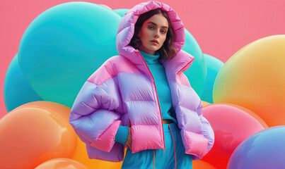 A young woman in a pink and purple puffer jacket stands in front of a wall of colorful balloons
