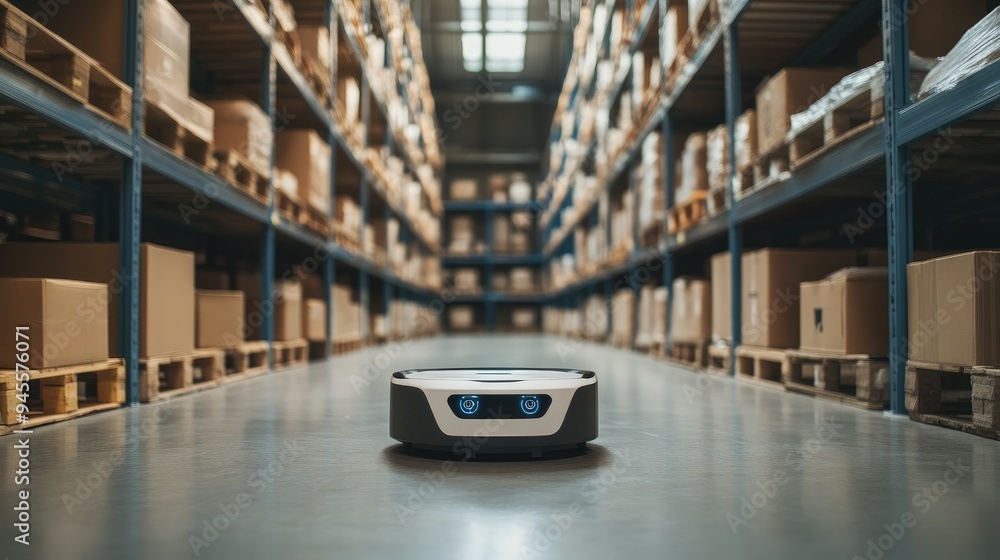 Poster autonomous robot navigating through a warehouse, performing inventory tasks