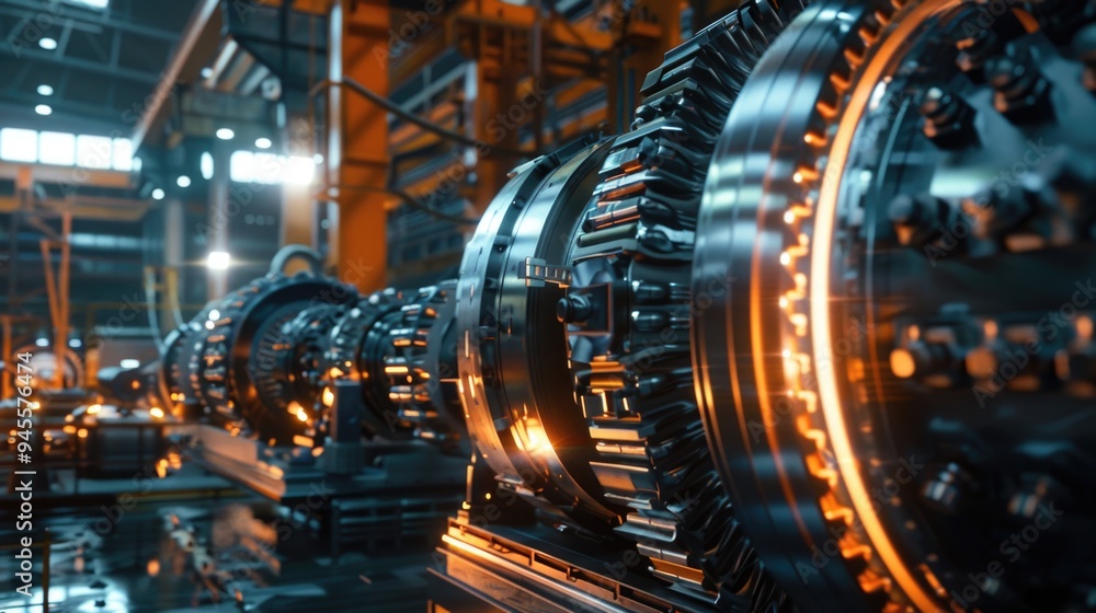 Poster a group of industrial machines in a factory setting