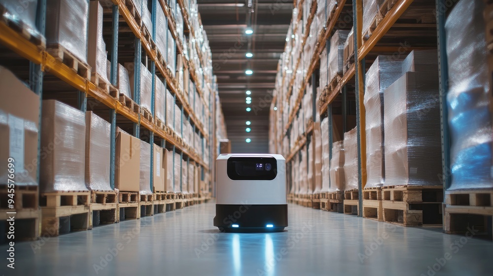 Aufkleber autonomous robot navigating through a warehouse, performing inventory tasks