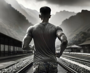 Strong soldier running fast on the train tracks in the morning. Monochrome.