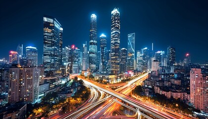 Obraz premium A Vibrant Metropolis Comes Alive Under the Glittering Veil of the Night