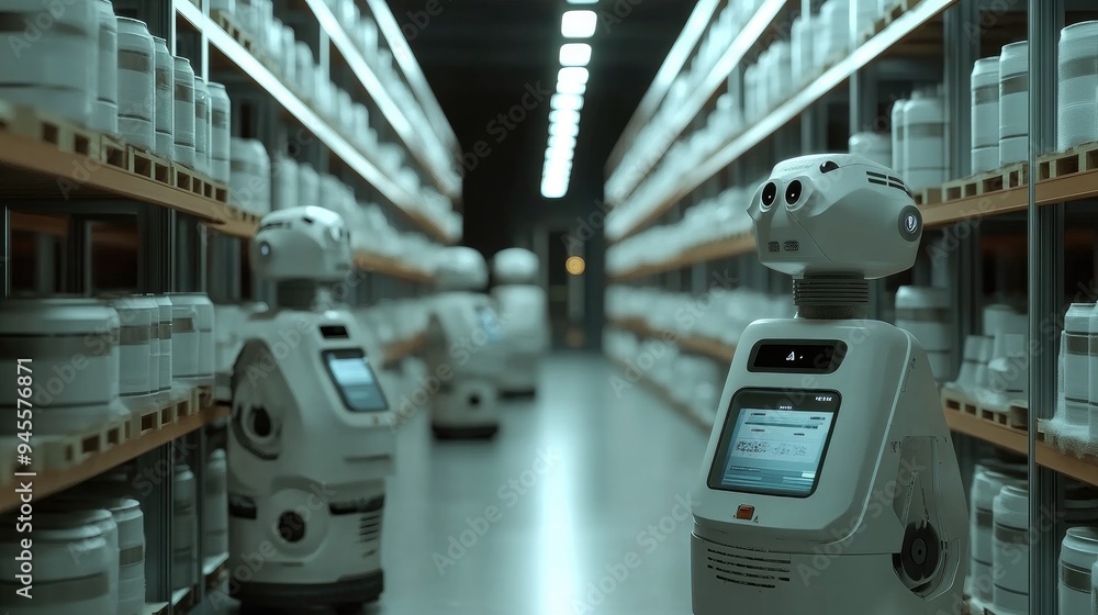 Poster autonomous robots collaborating in a smart warehouse, organizing inventory