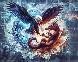 American eagle and red chinese dragon fighting for global hegemony.