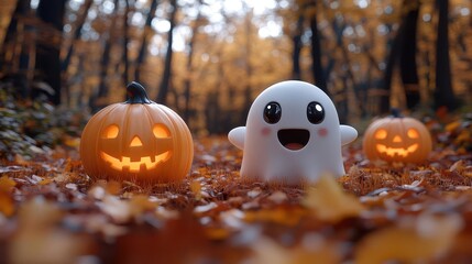 whimsical halloween scene cute ghost characters and grinning pumpkin on vibrant orange background playful spooky atmosphere cartoon style