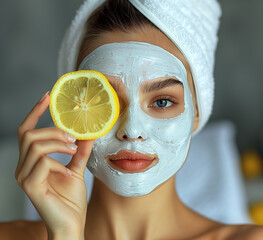 Young Woman with Face Mask Holding Lemon Slice Beauty and Skincare Concept
