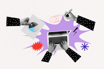 Composite artwork collage image picture of arms use laptop write pen diagram isolated on creative...