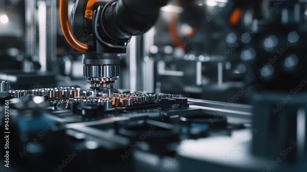 Poster close-up of a robotic arm assembling components on a high-tech production line