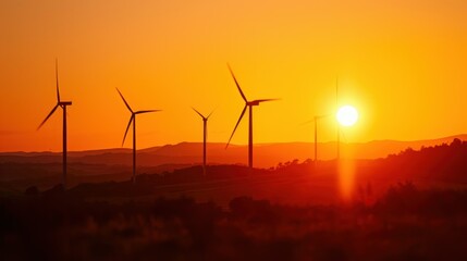 Obraz premium Wind turbine farm power generator in beautiful nature landscape for production of renewable green energy is friendly industry to environment. Concept of sustainable development technology