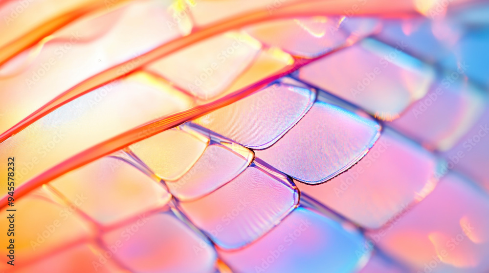 Poster close-up view of iridescent scales displaying shimmering colors and intricate patterns, creating a v