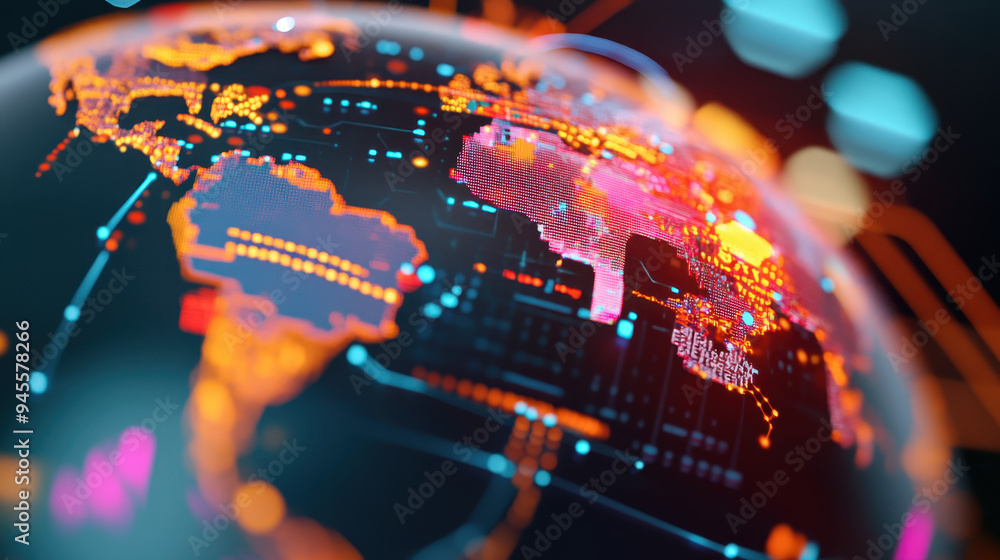 Poster vibrant digital world map with glowing countries, data points, and connections representing global i