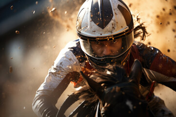 Jockey races fast on a horse, kicking up dust, aiming for the finish line, showcasing speed and strength in exciting equestrian competition. Melbourne Cup