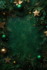 A green background with gold and green decorations including stars and balls
