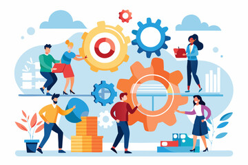 Work together, teamwork or cooperate to success, solution to team support for best efficiency or productivity, development or organization concept, businessman people connect gear cogwheels together*
