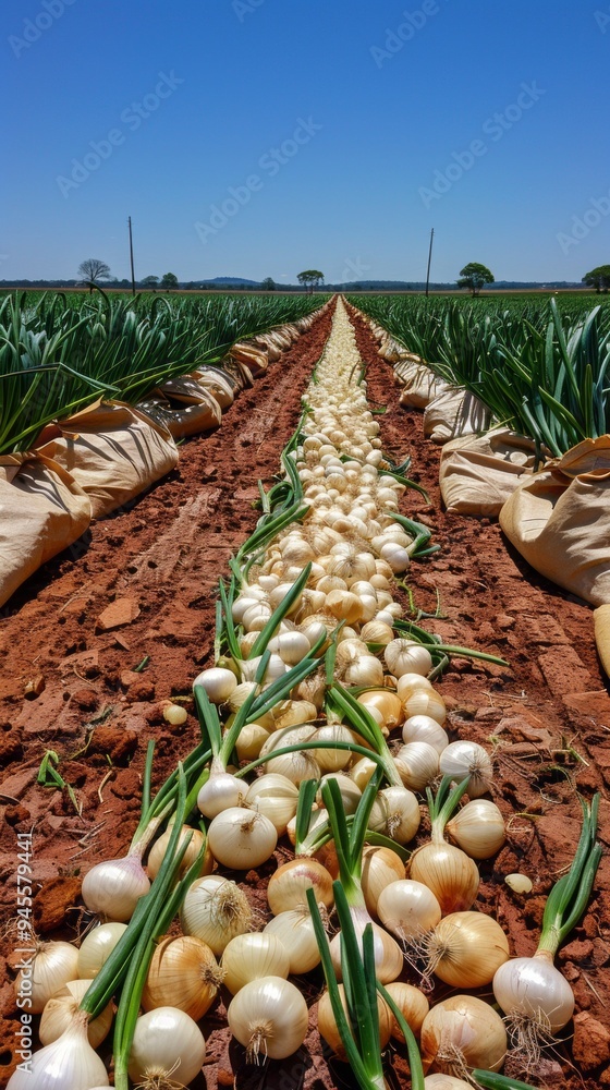 Poster a row of onions are growing in a field
