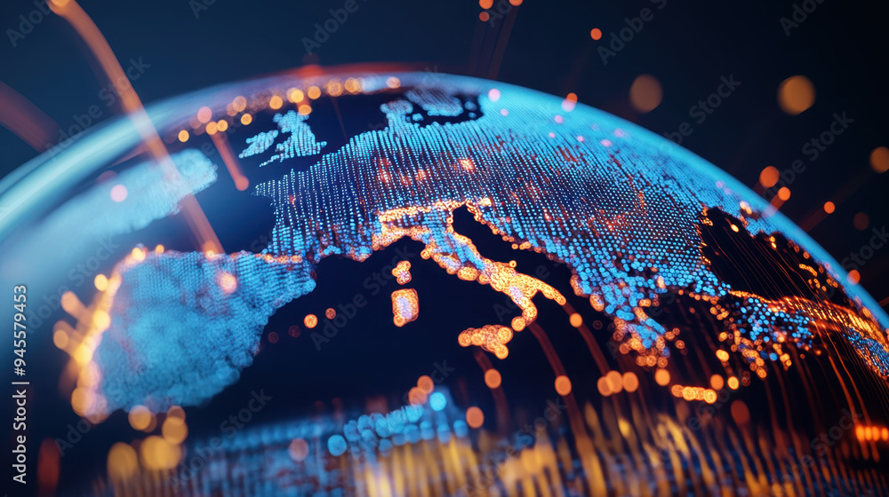 Poster digital globe showcasing a vibrant network of interconnected data points and streaming light, repres