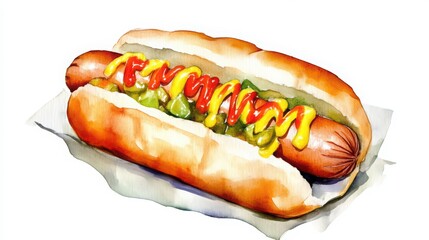 A delicious hot dog topped with mustard and relish, perfect for summer barbecues and outdoor gatherings.