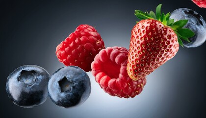 blue berries , strawberries , berries in air 