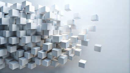 Fototapeta premium Chaotic cubes with copy space. White abstract geometric background. 3d rendering cubic minimal composition for corporate design template.