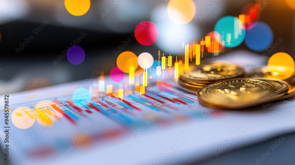 Aufkleber close-up view of financial analysis with cryptocurrency coins and colorful graphs highlighting marke