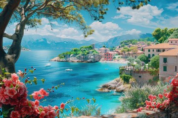 A serene scene of a bay with boats floating on the calm water, perfect for use as a background or decorative element