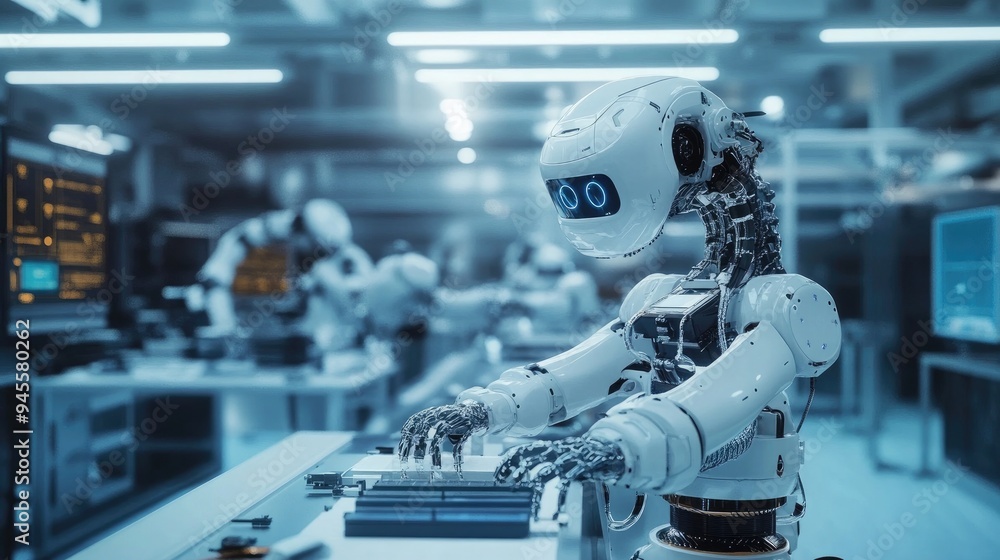 Poster engineers assembling a robot in a clean room environment, focusing on detail