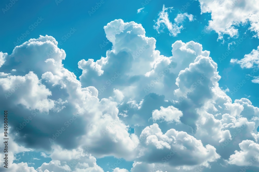 Poster a plane flying through a cloudy blue sky with some contrails visible
