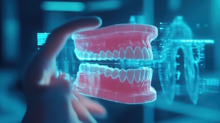 A futuristic digital representation of a human mouth with teeth, showcasing advanced dental technology and design innovation.