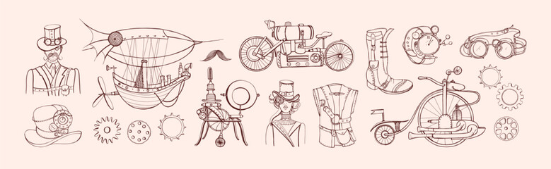 Steampunk set. Vintage gears, machinery, vehicles. Retro-futurism style steam engines, machines, engraved sketches in 19th Victorian aesthetics. Outlined contoured hand-drawn vector illustrations © Good Studio