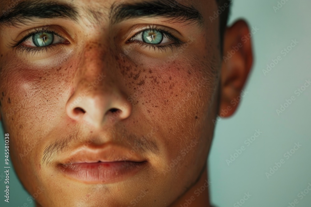 Poster close-up portrait of a person with noticeable freckles on their face, great for representing individ