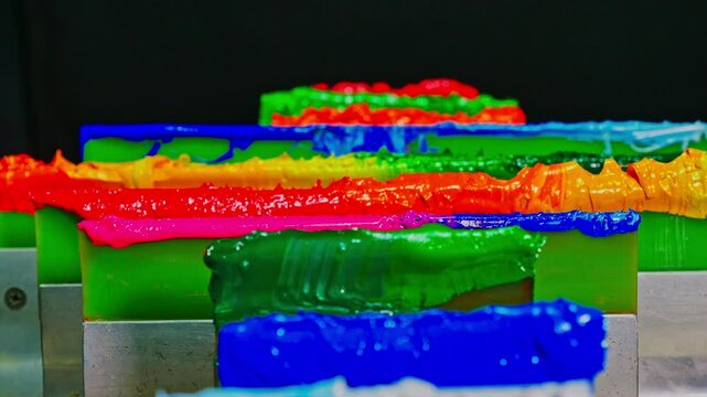 Fabric printing ink on squeegees arranged in rows. A collection of thick, glossy paint samples in various bright hues, arranged in a horizontal line against a dark background.
Tee shirt printing ink