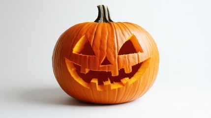 Close-up of a carved Halloween pumpkin, featuring a classic jack-o'-lantern grin on a white background.