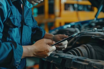 Thai mechanic men using digital tablet for working at his company mechanic, using phone, tablet, using a tablet, technology, lifestyles, connection, comfortable, one person