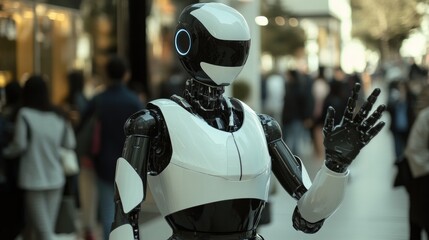 Fototapeta premium Humanoid robot demonstrating lifelike movements and gestures in a public space
